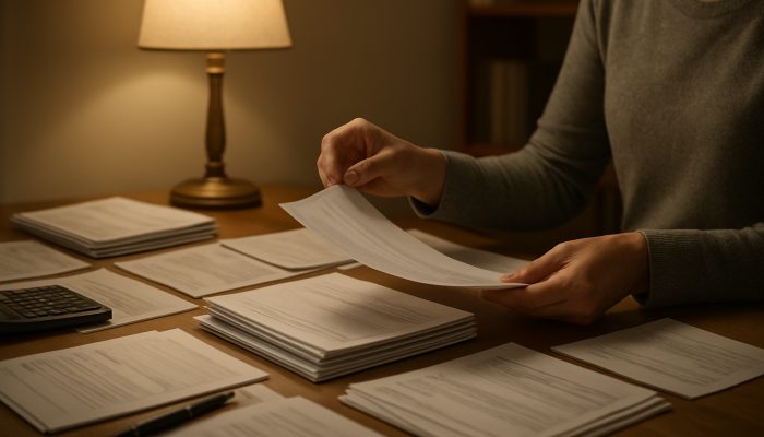 Person sorting payslips and bank statements on cluttered desk under lamplight in home office.