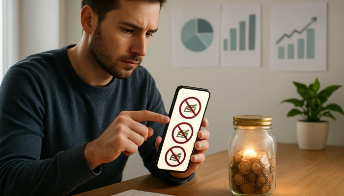 Focused individual configures mobile app to block retail sites near glowing savings jar and debt charts