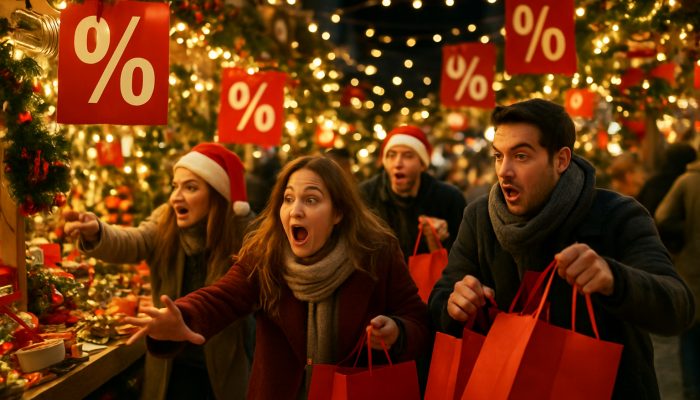 Enthusiastic shoppers grabbing discounted festive goods at a lively UK Christmas market adorned with lights and sale signs.