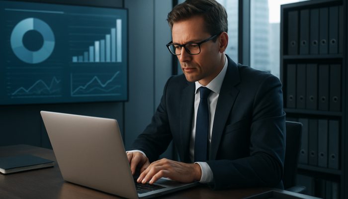 Double Checking Contact Details for Firms: UK Guide | DCL British executive updating client contacts on laptop with digital charts in sleek London office
