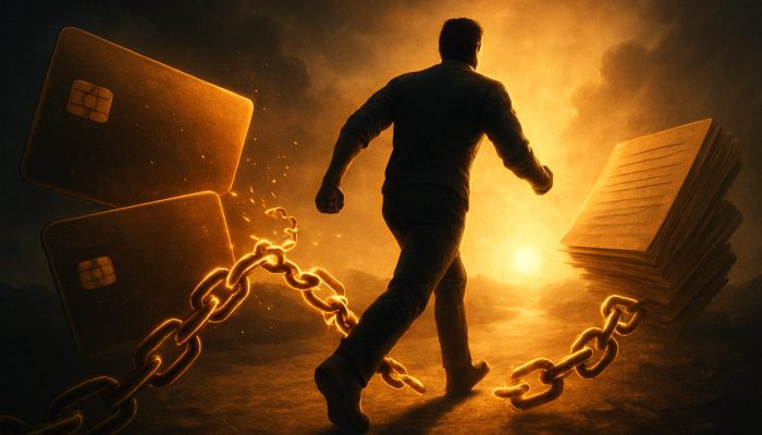 Stopping New Borrowing During a Debt Plan: Key Advice | DCL Individual breaking glowing chains of credit cards towards sunlit financial freedom in a symbolic manner.