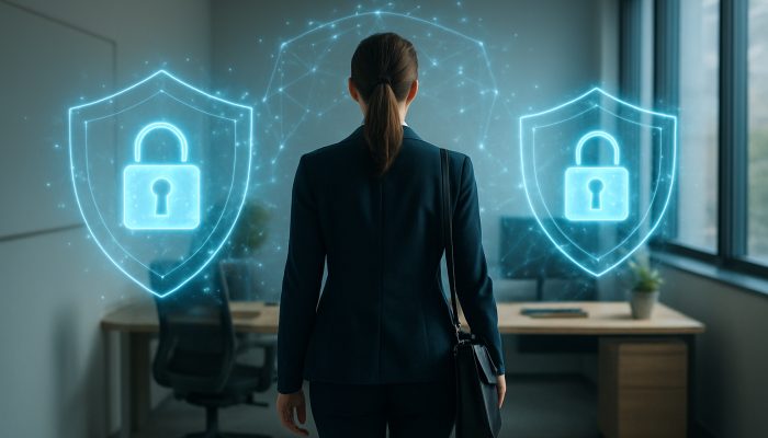 Employee returning to serene office, protected by glowing digital shields and locks for GDPR privacy.