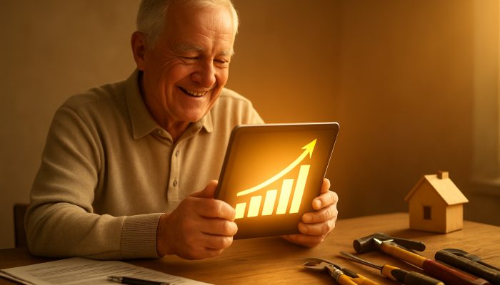 Bringing Together Debts for Older Borrowers: Practical Tips | DCL Smiling elderly borrower checks rising credit score on tablet with paid receipts and repair tools.