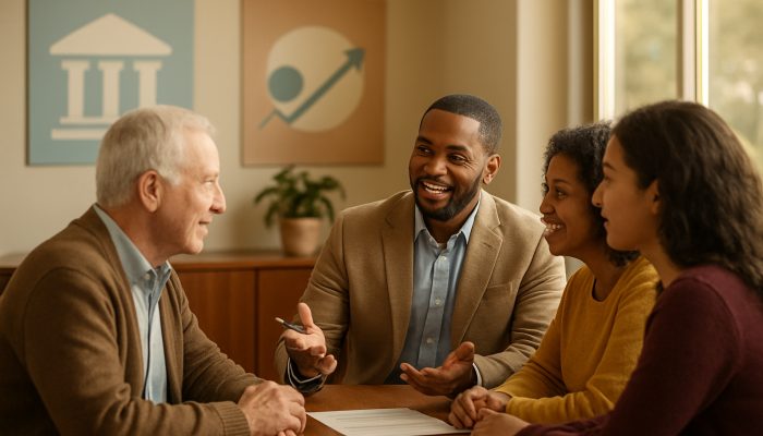Diverse people receiving friendly financial advice in a warm, sunlit credit union office with educational posters.