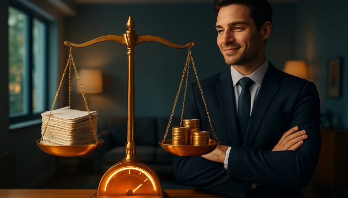 Balanced golden scale weighing debt bills vs income coins below 40% DTI in sleek UK home
