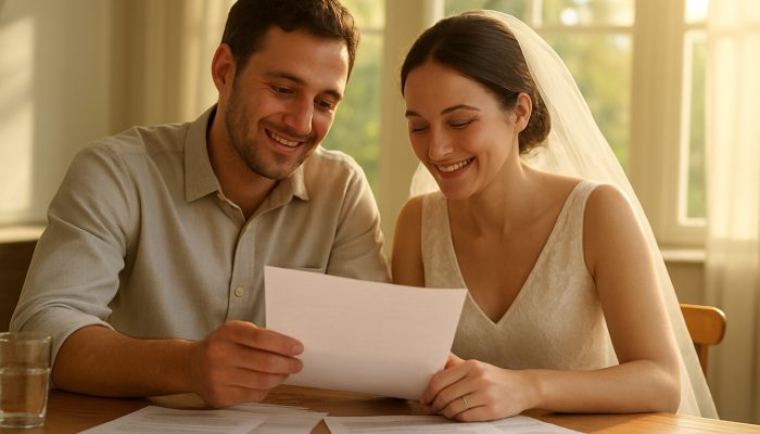 Relieved couple merging debt documents into a single file after their wedding in sunlight