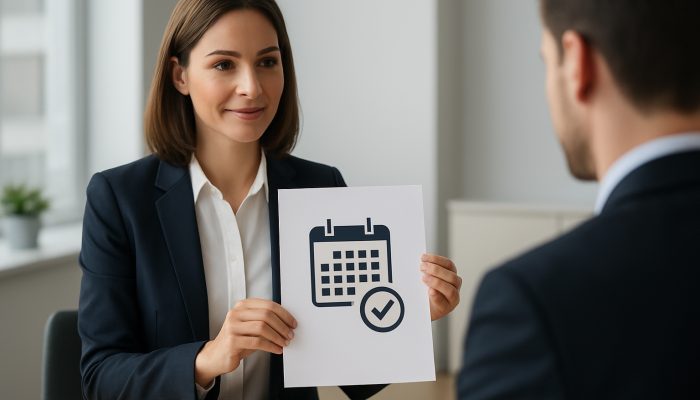 Businesswoman presenting 10-day payment notice letter to customer in bright modern office with marked calendar
