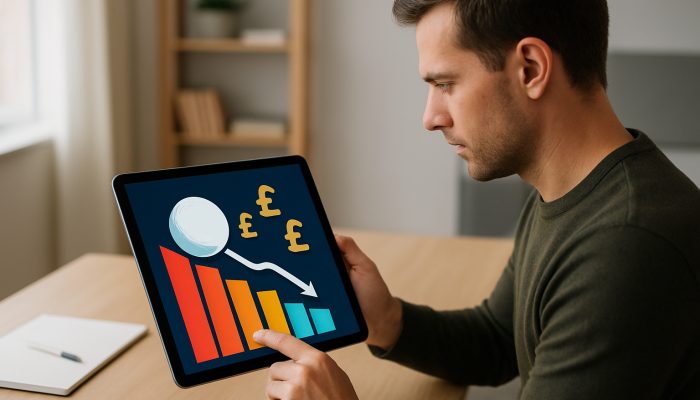 Person reviewing debt snowball budgeting app with charts and UK pounds on tablet in home office