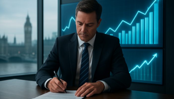 British executive signing supplier contract in London office amid glowing NPV and profit charts