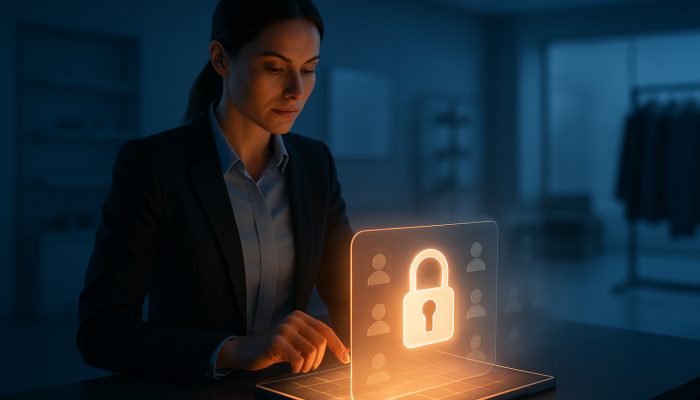 Retail manager locking digital ledger with padlock in minimalist store at dusk